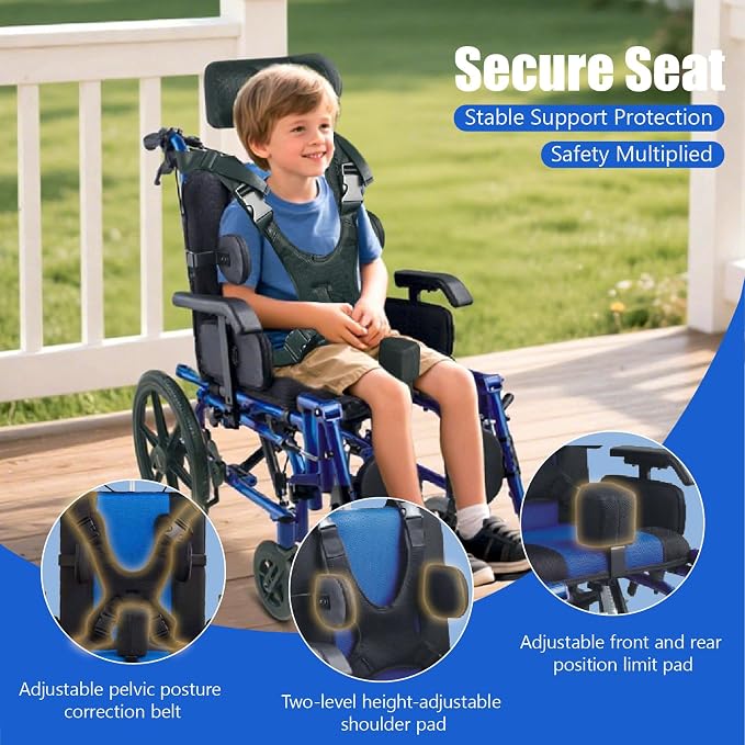 High Back Functional Wheelchair for Children and Teenagers with Cerebral Palsy 16 Inch Seat Width 180 Degree Recline Removable Dining Board Blue