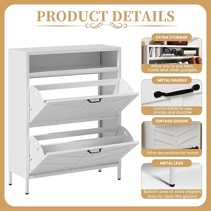 Metal Shoe Storage Cabinet with 2 Flip Drawers,White Shoe Organizer with Leg,Hidden Narrow Shoe Rack Cabinets Freestanding Farmhouse Slim Shoe Cabinet with Open Storage for Entryway Hallway Front Door