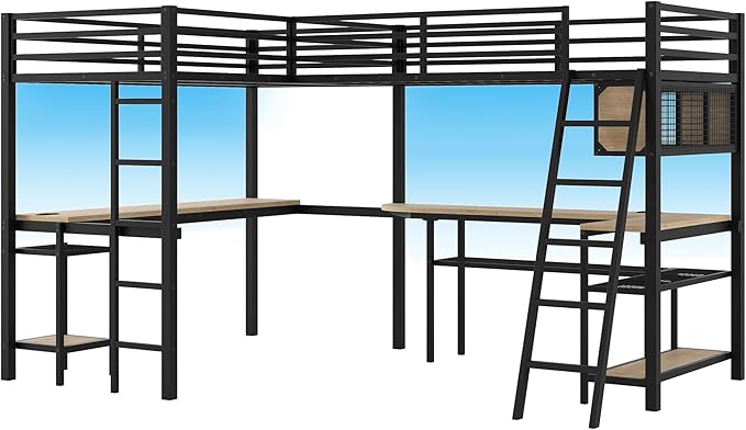 Twin Size Loft Bed with L-Shaped Desk and Storage Shelves, Heavy Duty Metal Loft Bed with LED Lights and and Charging Station for Kids Teens Adults, Saving Space, No Box Spring Needed, Black