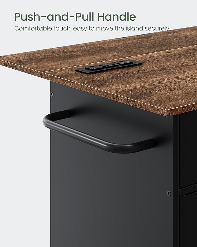 CHOEZON Kitchen Island, Kitchen Island Cart with One Double Cabinet and Drawer, Rolling Storage Cart with Power Strip, with Drop Leaf, for Kitchen, Living Room, Black and Rustic Brown MZD01UBFN1