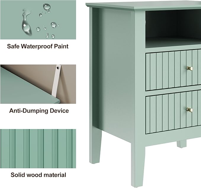 RoyalCraft Fluted Nightstand with 2 Drawers, Colorful Nightstand for Bedroom, Modern Wooden End Table with Storage for Small Spaces, Tall Side Sofa Table for Couch, Home Office, Milky Green