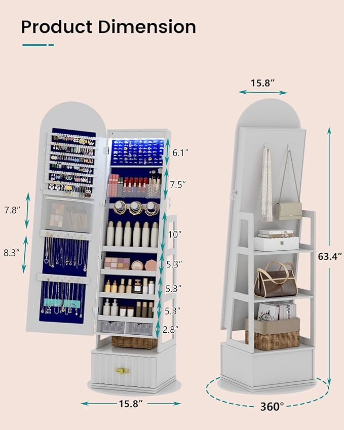 Vlsrka 6 LEDs Mirror Jewelry Cabinet, 360° Swivel Full Length Mirror with Storage, Lockable Jewelry Armoire Cabinet Standing, Large Drawers Jewelry Organizer Mirror, Gift Idea for Women, White