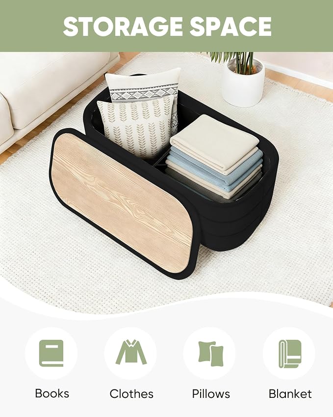 B FSOBEIIALEO Velvet Storage Ottoman with Tray, Folding Ottoman with Storage Coffee Table Shoes Bench for Dorm Room, Living Room Black, 30"x15"x15"