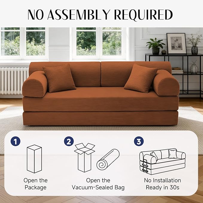 78.8" Convertible Sofa Bed with Detachable Arm Pillow, 6-in-1 Sectional Couches for Living Room, Corduroy Boneless Couch, Sleeper Loveseat Couch Bed, No Assembly, Orange Couch