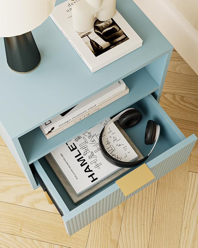 Aienvey Night Stand, Modern Nightstand with Drawers, Bedside Table, Gold Small Side Table for Bedroom, Living Room End Table (Blue Stripe, 1 Drawer)
