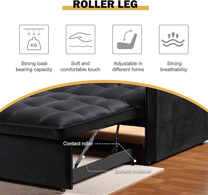 3 in 1 Convertible Sleeper Sofa Bed, Velvet Fabric Loveseat Sofa Bed with Adjustable Backrest & Large Side Pockets, Pull Out Couch for Small Spaces, Apartment, Living Room, Black