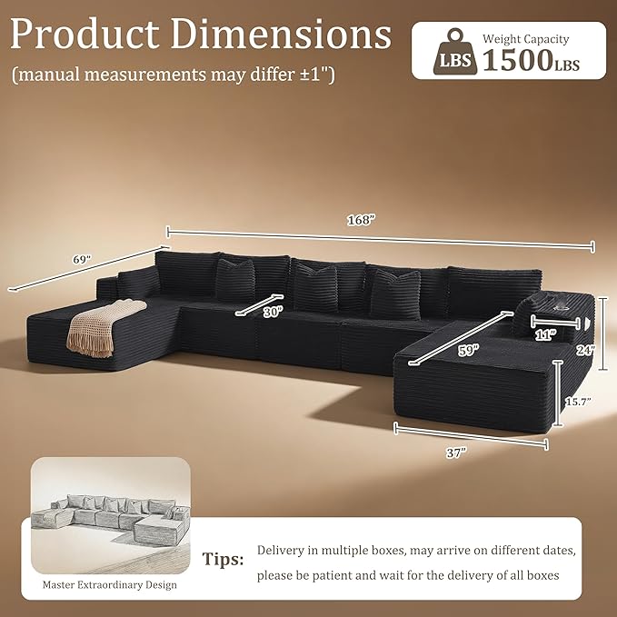 168" Cloud Sectional Couch, Comfort U Shaped Sofa for Living Room, Extra Deep Seats No Assembly, Minimalist Modular Couch, Corduroy (Black, 7 Seats,U-Shape C)