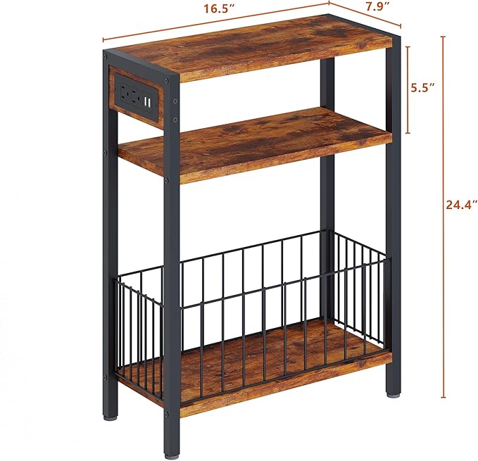 TRIFEBLE Narrow Side Table with Charging Station, Small End Table for Small Spaces, Slim Nightstand with Storage Basket, 3 Tier Skinny Bedside Table for Living Room, Bedroom, Rustic Brown