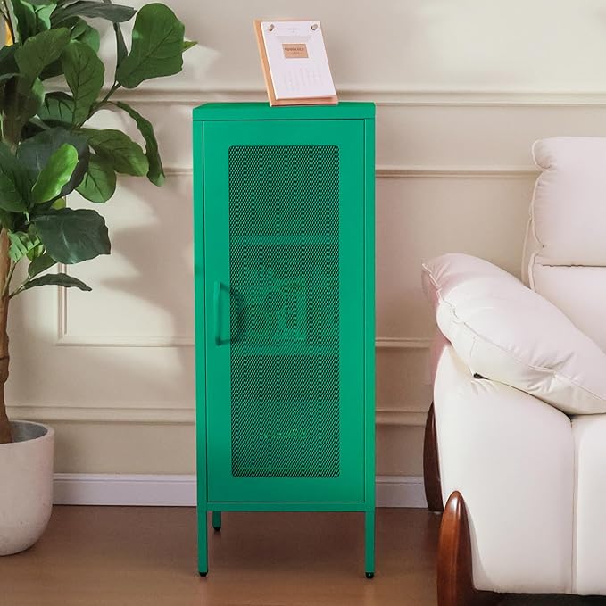 Slim Metal Storage Cabinet with Mesh Doors - 42'' Tall Narrow Organizer Tower, Compact Freestanding Cabinet, Versatile Utility Storage for Home, Office, Kitchen, Living Room, Durable and Modern Design