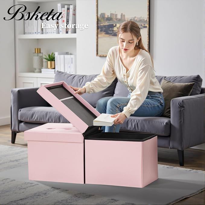 Bsketa Storage Ottoman Bench with Folding Lid Ⅲ, Foot Stools Opens on Both Ends, Footrest Foldable Velvet Chest for Living Room, Bedroom, Entryway, End of Bed Storage Blanket Ottomans Pink
