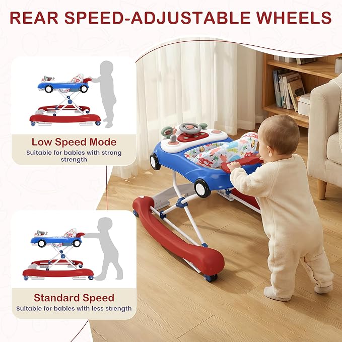 Baby Walker, 5-in-1 Baby Walker for Boys and Girls with Bouncer, Removable Footrest, Music, Foldable & Adjustable Speed Wheels Activity Walker for 6-18 Months Toddler Infant(Red Blue)