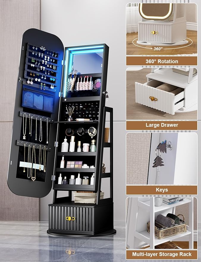360° Swivel Jewelry Cabinet with Lights - RGB Vanity Mirror | Rotatable Full Length Mirror with Jewelry Storage, Standing Jewelry Armoire Organizer, Foldable Makeup Shelf, White (Black 052)