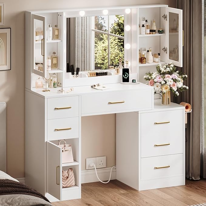 TOKSOM 51" Vanity Desk with Mirror and Lights & Charging Station, Bedroom Dressing Table, Large Vanity Set, 6 Drawers and 2 Cabinets, Makeup Vanity Table with Charging Station, Without Stool