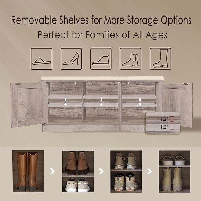 DINZI LVJ Shoe Bench, Entryway Storage Bench with Doors, Cushion, 2-Tier Shoe Rack with 6-Cubby, 39.4”L x 13.8”W Shoe Organizer Cabinet, Adjustable Shelf, Living Room, Bedroom, Greige