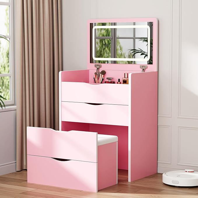 Mr IRONSTONE Compact Vanity Desk with Mirror and Lights, Hidden Makeup Vanity Cabinet with Storage Drawers & Shelves, Small Vanity Table for Bedroom, Flip Top Vanity for Small Spaces, Pink