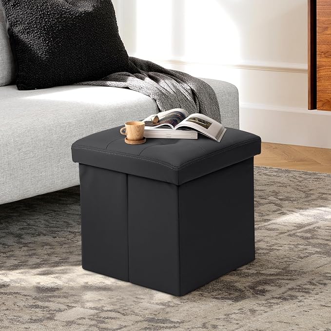 Athena Collection Leather Square Ottoman with Storage, 15 Inch Small Storage Ottoman, Multipurpose Footstool Foot Rest for Living Room, Bedroom, Dorm, Black