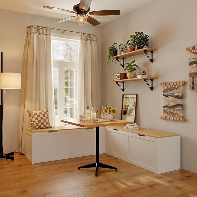 L Shaped Breakfast Nook Bench with Hidden Storage, 63 Inch Corner Dining Bench for Small Kitchen, Breakfast Nook Set for Dining Room, Entryway, Oak 63”L x 63”W x 17.7”H