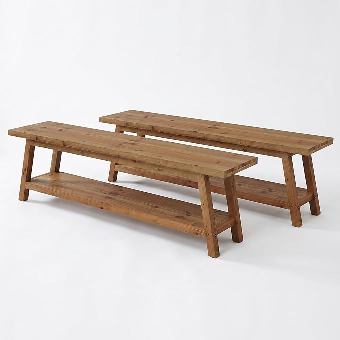 Set of 2 63” Wood Dining Room Bench, Farmhouse Kitchen Bench with Storage Shelf, Solid Wood Rusit Backless Bench for Dining Table, Extra Long Seating for Kitchen Room
