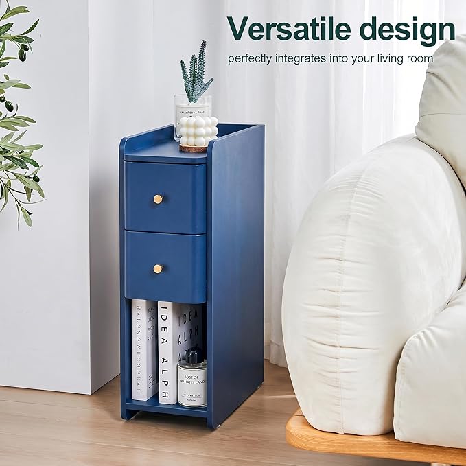 Blue Narrow Nightstand, Wooden Small 2 Drawer Nightstand, Slim Side End Table, Skinny Bedside Table, Mid Century Modern Night Stand with Drawers, for Living Room (Blue-1 pc)