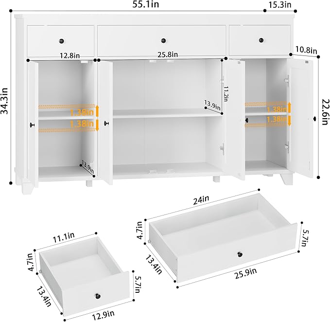 HIFIT 55" Large Kitchen Buffet Cabinet with Storage Drawers, Modern Sideboard Buffet Table Storage Cabinet with Doors and Shelves, Wood Coffee Bar Cabinet for Kitchen Dining Living Room, White