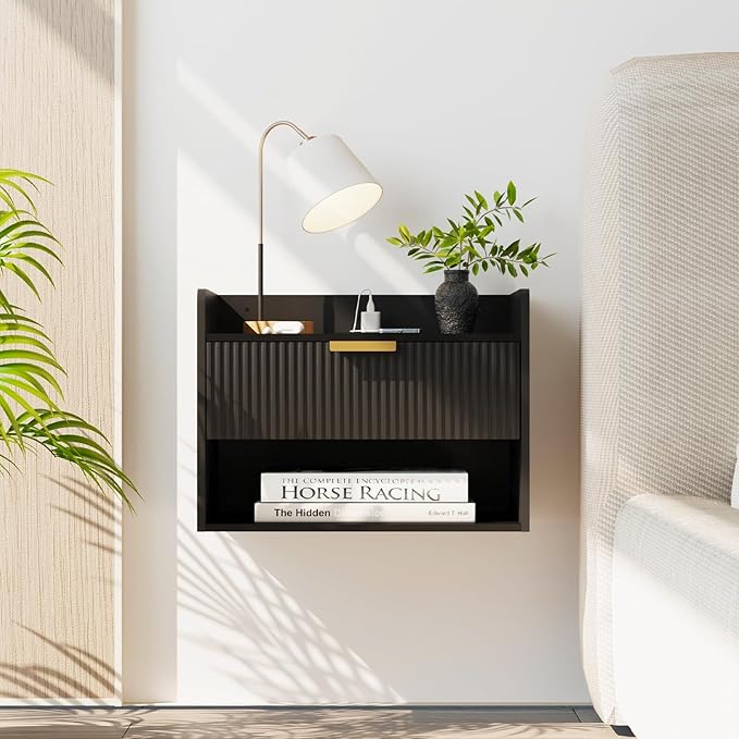 Arbuxzuy Floating Nightstand with Charging Station, Modern Wall Mounted Bedside Table with Drawer & Open Shelf, Minimalist Wooden Night Stand for Bedroom (Black)