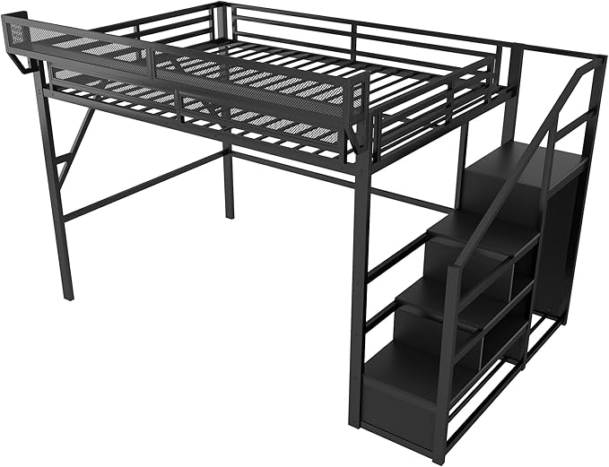 Mirightone Queen Size Loft Bed with Stairs and Storage, Metal Loft Bed Frame with Bedside Shelf and Large Under-Bed Space, Heavy-Duty Loft Beds for Adults Teens and Kids, Convertible Staircase, Black