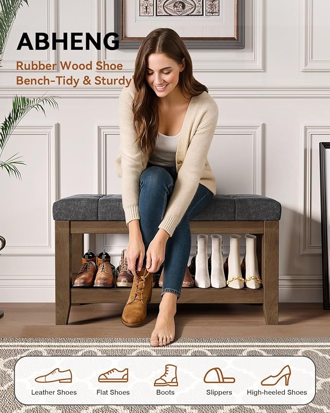 ABHENG Solid Rubber Wood Shoe Bench, Soft Chenille Material Upholstered Seat, 770LB Load Capacity, Multi-Storage for Entryway/Bedroom/Living Room, Vintage Style, 31.5"x15.7"x17.7", Dark Gray,UASND66G