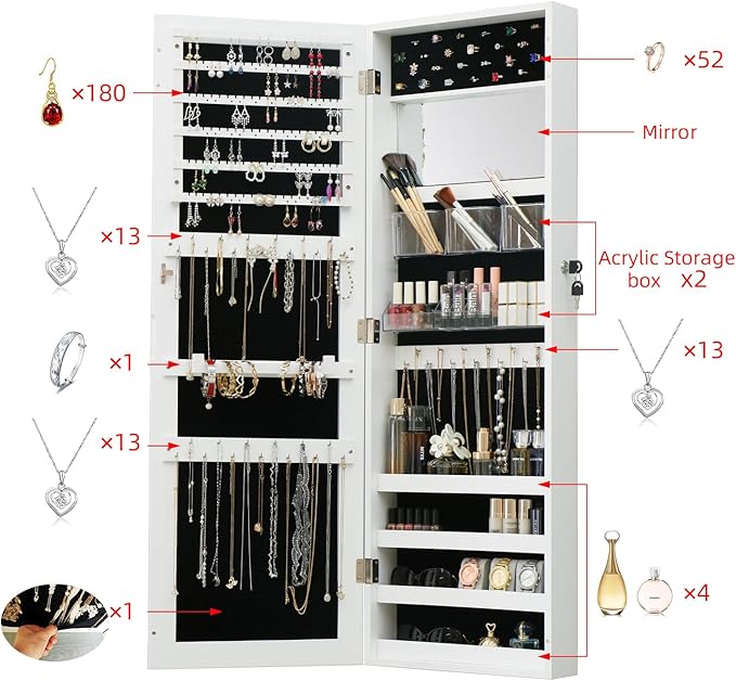Full Length Mirror Jewelry Cabinet - 2-in-1 Organizer for Makeup and Jewelry,Lockable Door Wall-Mounted Jewelry Armoire with Shelves and Behind the Door Storage White