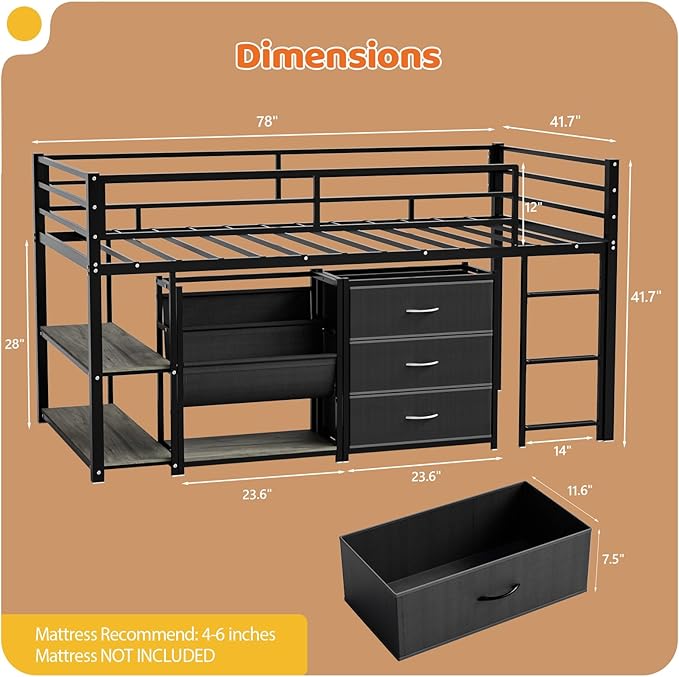 JOYMOR Low Loft Bed Twin Size with 3 Storage Drawers, 2 Tier Storage Shelves, 2 Tier Bookcase and LED Lights, Metal Kids Loft Bed with Safety Guardrail, Spave Saving Design (Black)