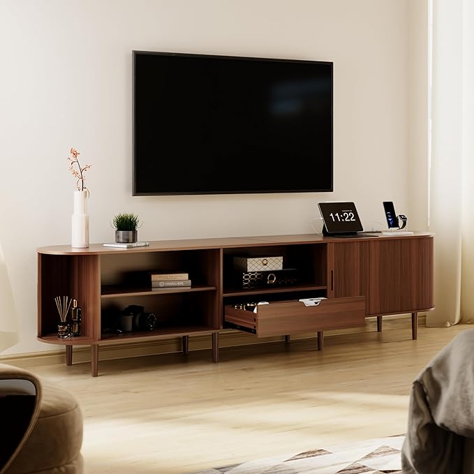 DHH 86.6" Fluted TV Stand with Power Outlet for TVs up to 90", TV Console with Adjustable Shelves and Sliding Door,Mid Century Modern Entertainment Center for Living Room,Bedroom (Walnut, 86.6Inch)