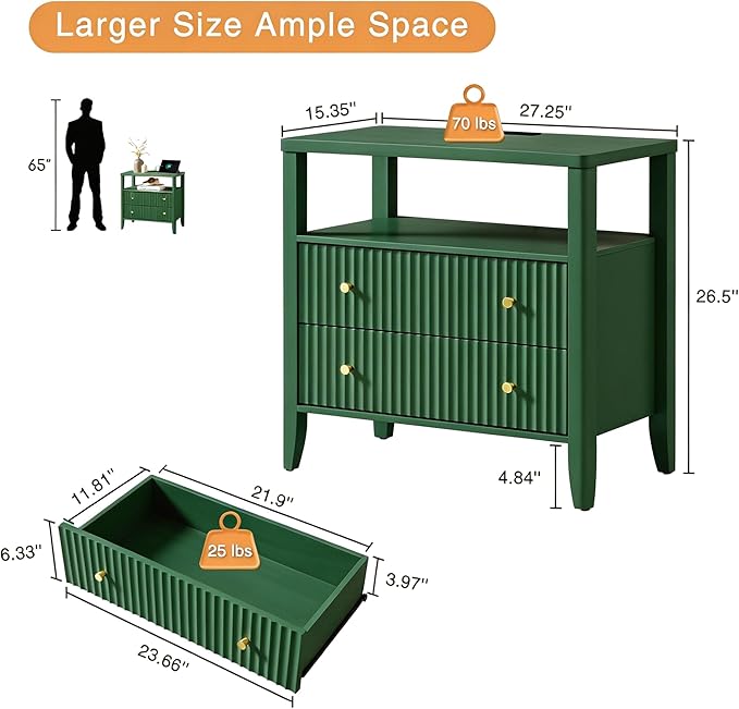 Fluted Nightstand with Charging Station Set of 2, 27.3" Tall Modern Bedside Table with 2 Drawers & Open Shelf, Large Wide Wood End Table with Storage & Metal Handle for Bedroom, Green