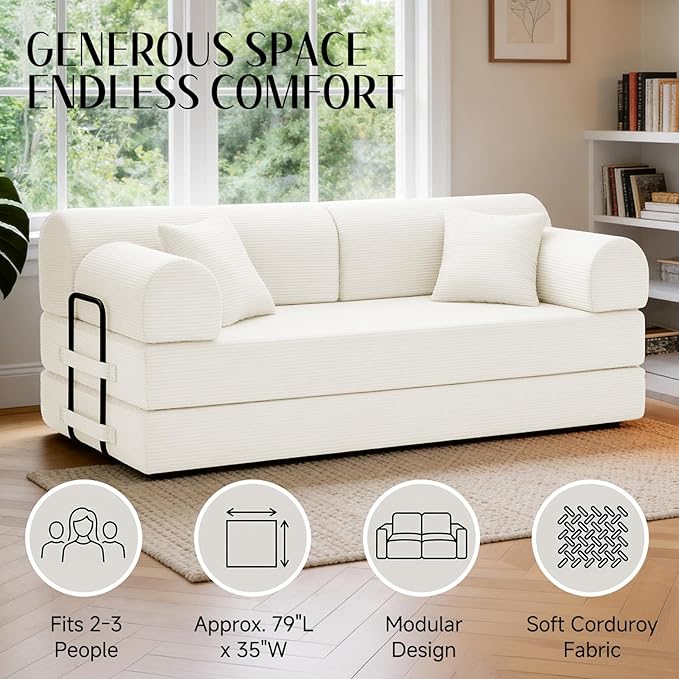 78.8" Convertible Sofa Bed with Detachable Arm Pillow, 6-in-1 Sectional Couches for Living Room, Corduroy Boneless Couch, Sleeper Loveseat Couch Bed, No Assembly, Beige Couch