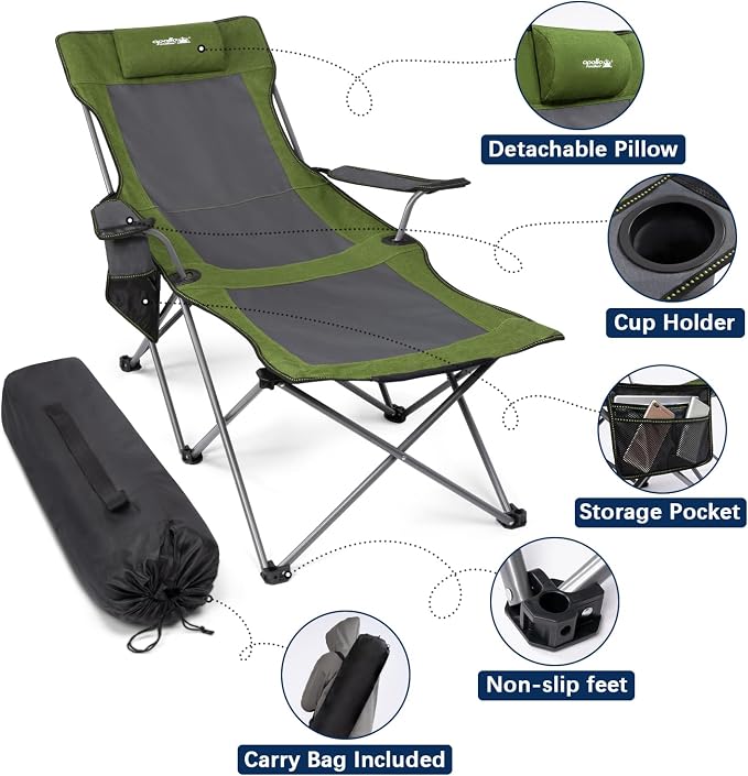 apollo walker Reclining Beach Chair, Adjustable 90-135° Backrest Camping Lounge Chairs for Adults, Folding Chair with Foot Rest & Detachable Pillow - Standard 6-Leg, Green