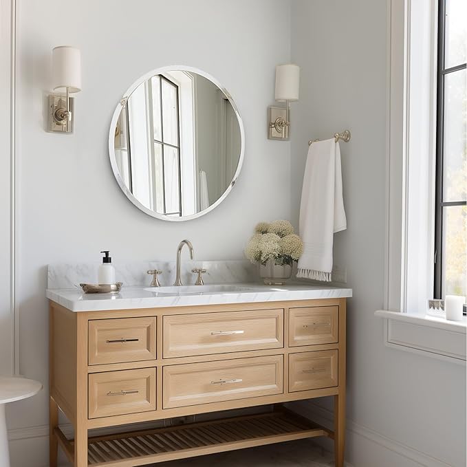 USHOWER Frameless Round Bathroom Mirror 24", Circle Vanity Mirror for Wall Decor, with Beveled Edge, for Bathroom, Living Room, Entryway, Modern & Elegant Look