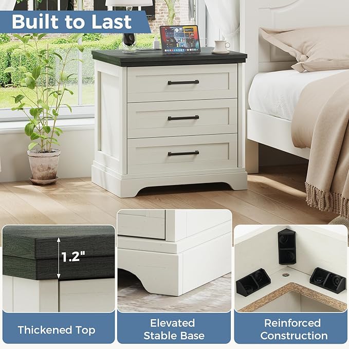 DUMOS Nightstand with Charging Station, Wood Farmhouse Bedside Table with 3 Drawers, End Table, Modern Side Table for Small Bedroom, Living Room, White