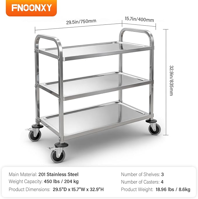 3-Tier Stainless Steel Utility Cart, 29.5"×15.7"×32.9", Rolling Kitchen Serving Trolley, Catering Storage Cart with 2 Lockable Wheels for Hotel, Restaurant, Home Use (Small)