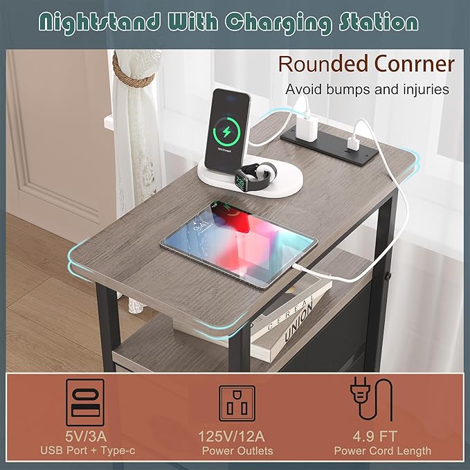 sthmec End Table with Charging Station,Narrow Side Tables with USB Ports and Outlets,Skinny Bedside Tables with 3 Drawers,Small Tables Nightstands for Small Space,Slim Sofa Table for Livingroom,Grey