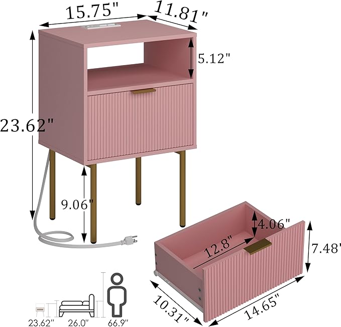 JOONEE Modern Nightstand with Charging Station and LED Lights, White Bedside Table with Drawer, Fluted Side Table for Living Room, Bedroom