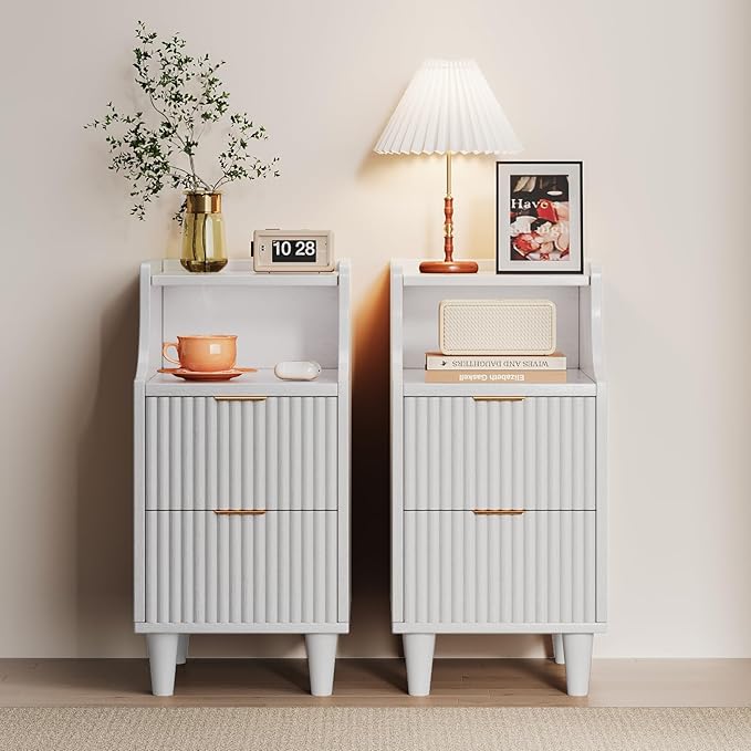 Narrow Nightstand Set of 2,11.8" Fluted Bedside Table Set of 2, Slim Side End Table with 2 Drawers, Wooden Bedside Table, White Wood Night Stand for Bedroom Livingroom Sofa Office