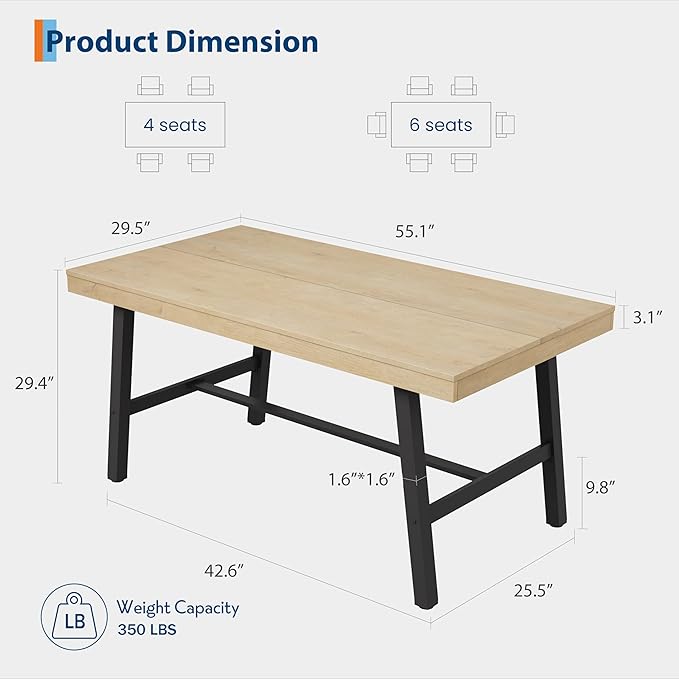 GarveeHome Industrial Dining Table for 2-4, 55" Heavy Duty Rectangular Kitchen Table with 2"×2" Metal Legs, Small Space Dining Table for Kitchen, Dining Room (Natural, 55" Non-extendable)