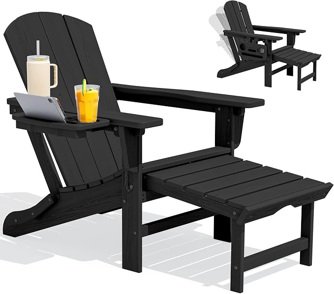 SERWALL Folding Adjustable Adirondack Chair with Footrest, HDPE Outdoor Chair with 4-in-1 Cup Holders, All Weather Adirondack Chair with Ottoman, Black