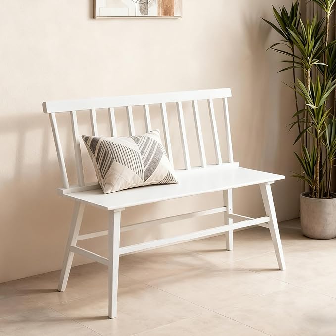 WISUCART Dining Bench for Kitchen & Dining Room – Bamboo Wood Bench with Spindle Back & Armrests, Farmhouse Entryway Bench, Indoor Bedroom Bench, Versatile Entry Bench & Outdoor Bench Seating（White）
