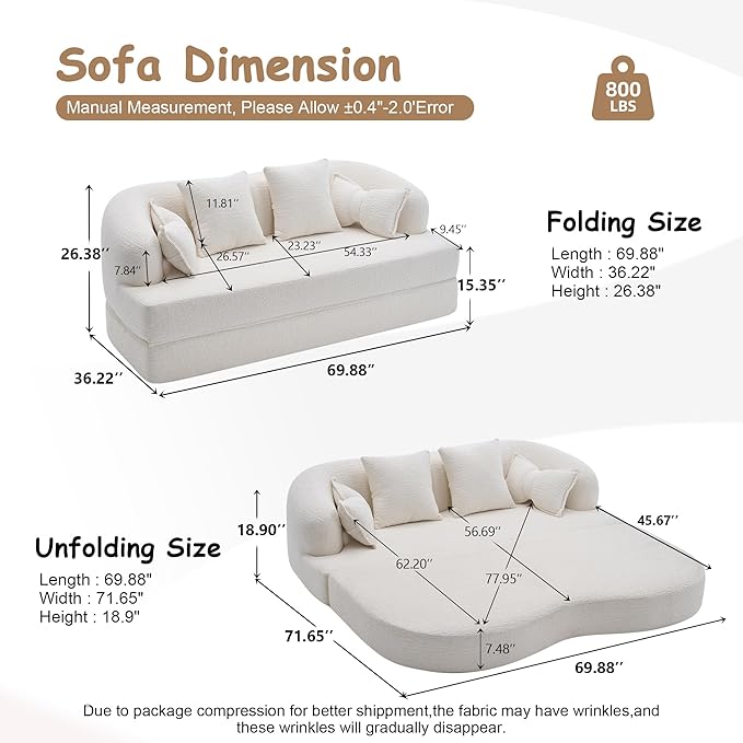 70" Convertible Sofa Bed, 2-in-1 Boneless Sleeper Sofa, Soft Chenille Folding Sofa Loveseat with 4 Pillows, Love Seat Small Couch for Small Spaces, Living Room, Bedroom, No Assembly