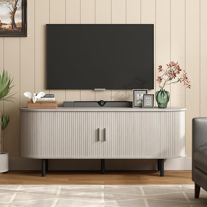 ONBRILL 55" TV Stand with Power Outlet for TVs up to 60 Inch, Entertainment Center with Storage and Adjustable Shelves, Modern Media Console with Sliding Doors for Living Room, Natural White