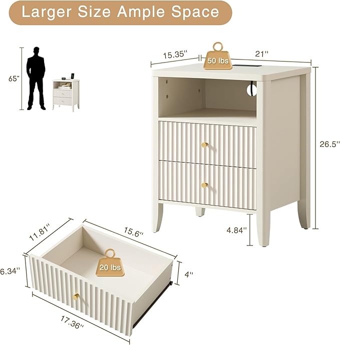 Fluted Nightstand with Charging Station Set of 2, 21" Wide Modern Bedside Table with 2 Drawers & Open Shelf, Wood End Table with Storage & Metal Handle for Bedroom, Small Spaces, Cream White