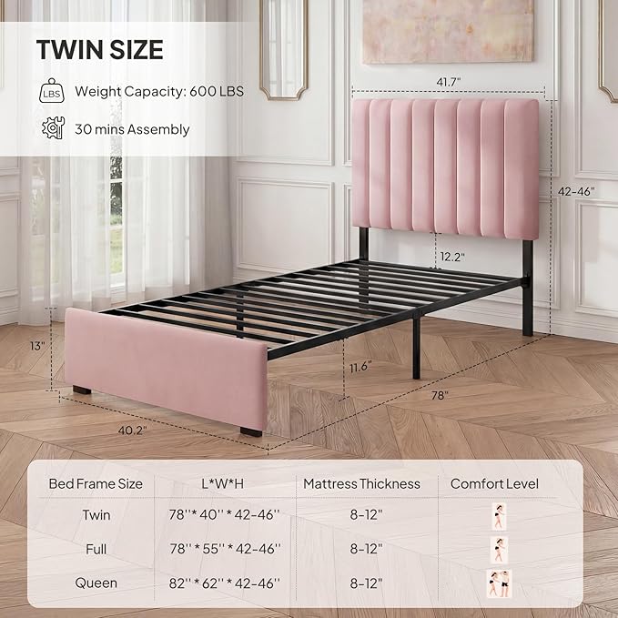 Welzona Upholstered Bed Frame Twin Size with Headboard for Kids, Velvet Fully Upholstered Metal Platform Bed with Vertical Channel Tufted Headboard, 3-Level Height, Metal Support, Easy Assembly, Pink