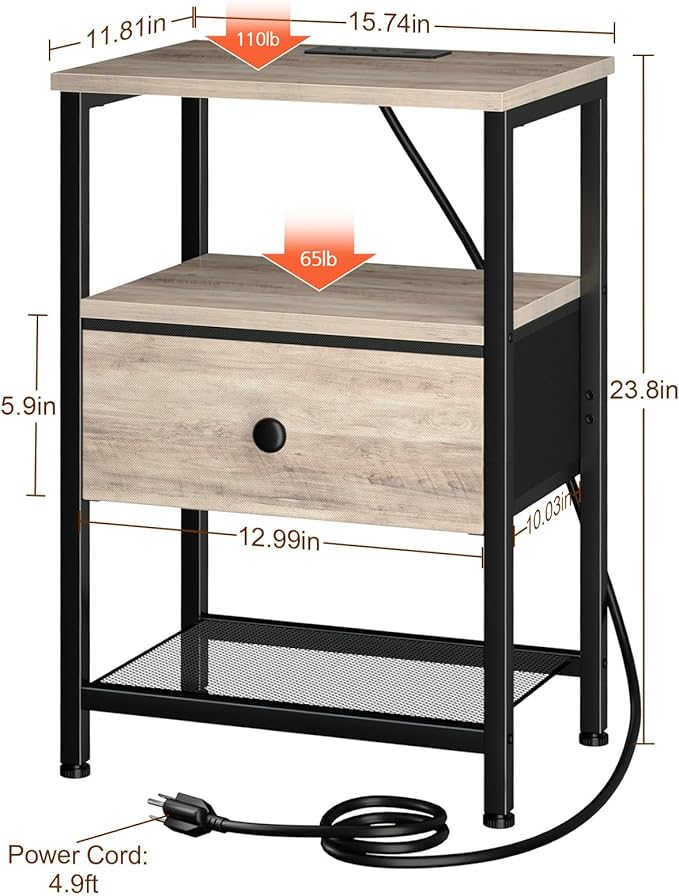 LOAKEKEL Night Stand, Nightstand with Charging Station, Slim Industrial Bedside Table with Fabric Drawer, Small End Table with USB & Type-C Ports for Bedroom, Grey, HETS010GY-1