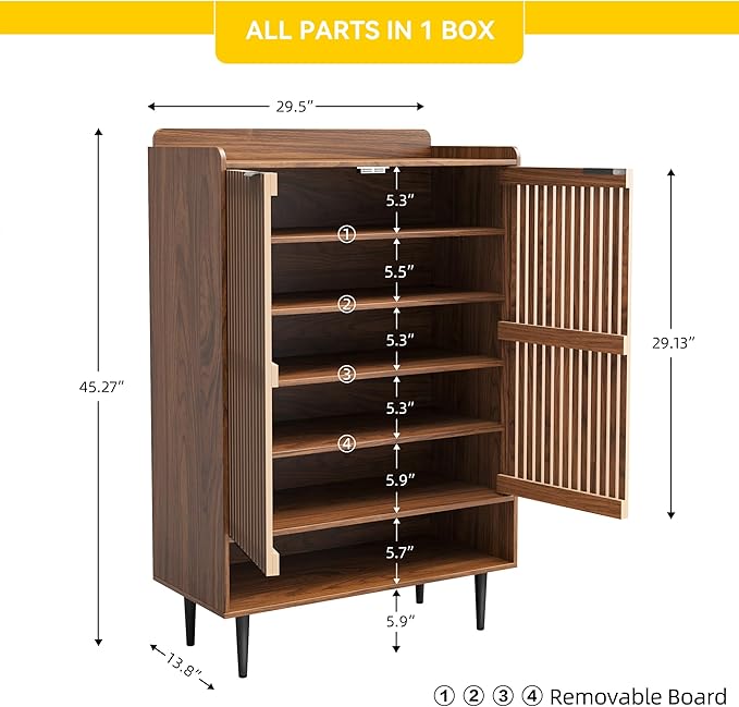 Shoe Cabinet with 2 Doors for Entryway, 21 Pairs Wooden Shoe Storage Cabinet with Adjustable Shelves, Farmhouse Hidden Shoe Organizer for Hallway & Mudroom, Slim Freestanding Shoe Cabinet, Walnut