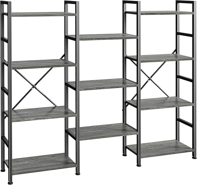 SUPERJARE Triple Bookshelf, Bookcase with 11 Open Display Shelves, Wide Book Shelf Book Case for Home & Office, 4 Tier, Grey