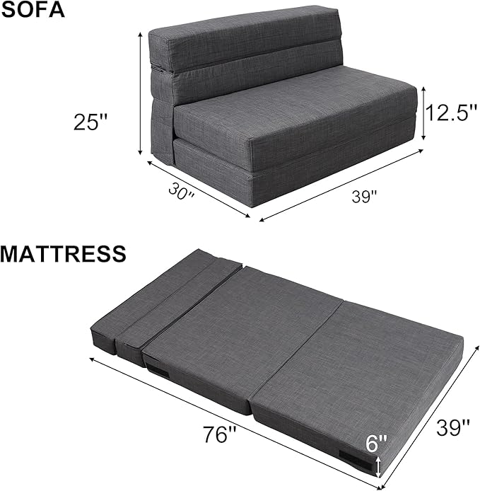 ANONER Folding Sleeper Chair Sofa Bed with Pillow, Memory Foam Fold Out Chair Bed and Futon Floor Couch, Twin Size, Dark Gray